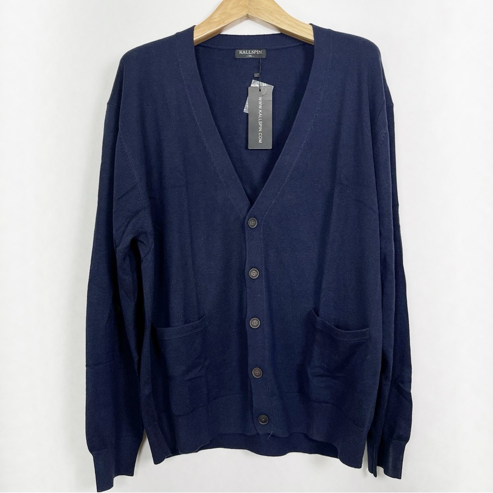 Kallspin‎ Men’s Wool Navy Buttoned Cardigan Sweater  V-neck and Long Sleeves XXL